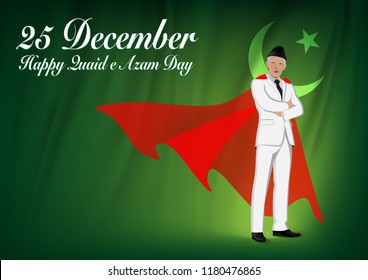 25 December Quaid e Azam Day Nation and World Figure. Concept of a real superhero with red cape on green gradient background with moon and star behind the hero on Pakistan Flag.