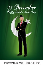 25 December Quaid e Azam Day Nation and World Figure. Concept of a real superhero on green gradient background with moon and star behind the hero on Pakistan Flag.