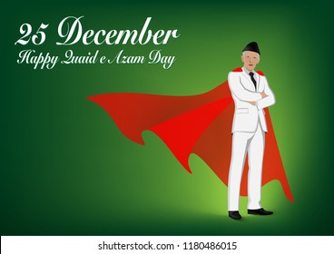 25 December Quaid e Azam Day Nation and World Figure. Concept of a real superhero with red cape on green gradient background with moon and star.