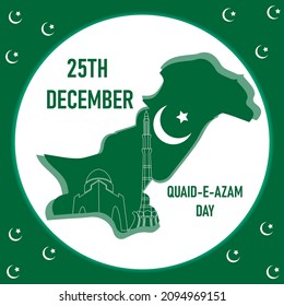 25 December, Quaid e Azam Day Post Design with the theme of tomb and Pakistan map. Vector illustration.