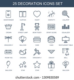 25 decoration icons. Trendy decoration icons white background. Included outline icons such as door ringer, curtain, heart, confetti, lollipop. decoration icon for web and mobile.