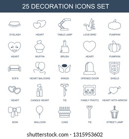 25 decoration icons. Trendy decoration icons white background. Included line icons such as eyelash, heart, table lamp, love bird, pumpkin. decoration icon for web and mobile.