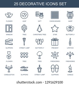 25 decorative icons. Trendy decorative icons white background. Included outline icons such as flower, leaf, gift, chess board, harp, window. decorative icon for web and mobile.