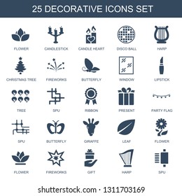 25 decorative icons. Trendy decorative icons white background. Included filled icons such as flower, candlestick, candle heart, disco ball. decorative icon for web and mobile.