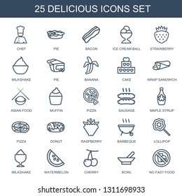 25 delicious icons. Trendy delicious icons white background. Included outline icons such as chef, pie, bacon, ice cream ball, strawberry, milkshake. delicious icon for web and mobile.