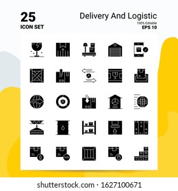 25 Delivery And Logistic Icon Set. 100% Editable EPS 10 Files. Business Logo Concept Ideas Solid Glyph icon design