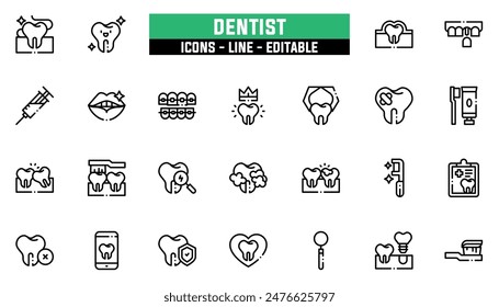 25 dentist icons set, vector line, editable stroke.