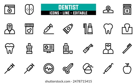 25 dentist icons set, vector line, editable stroke.