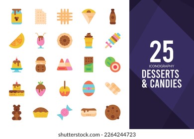 25 Desserts and Candies Flat icon pack. vector illustration.