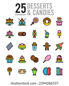 25 Desserts and Candies. icons Pack. vector illustration.