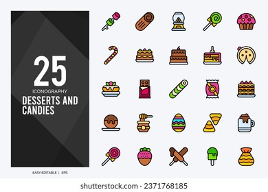 25 Desserts and Candies Lineal Color icons pack. vector illustration.