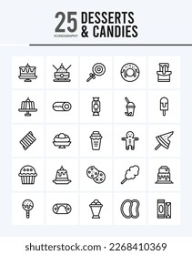 25 Desserts and Candies Outline icons Pack vector illustration.