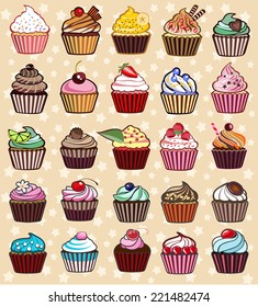 25 different colorful delicious cupcakes, vector illustration