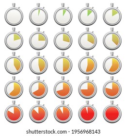 25 Different countdown phases of a stopwatch from green to red