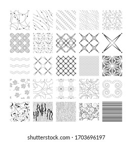 25 different vector seamless patterns. Set of monochrome geometric ornaments. Endless texture can be used for wallpaper, web page background, surface textures.