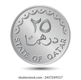 25 dirhams coin of Qatar. Coin side isolated on white background. Vector.