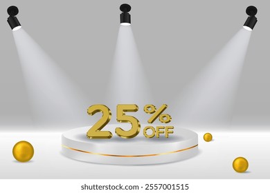 25% discount. 3D realistic golden number. white podium. Golden numbers. Template for products, advertising, web banners, flyers, certificates and postcards. Vector.