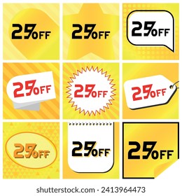 Juego de etiquetas de descuento del 25%, 9 Variaciones - Estrella de bolas en franjas, Burbuja de voz, Cupón, Estampilla de estreno, Etiqueta de precio, Oval, Calendario, Pegatina. Fondo naranja amarillo
