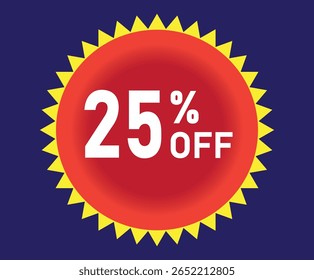 25% de desconto. Desconto em suas vendas. Porcentagem em branco dentro de um círculo vermelho com elementos gráficos amarelos ao redor. Fundo azul.