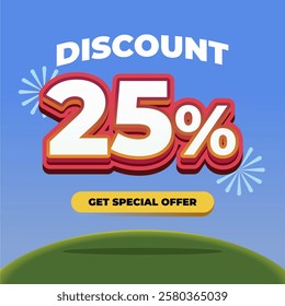 25% Discount Promotional Banner with 3D Text, Fireworks, Blue Gradient Background, and a Special Offer Button on a Green Hill with Eye catching Sale Advertisement Design