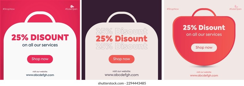 25% Discount sale popup announcement design for social media and website. Discount Popup. Creative Twenty five percent discount post for social media. Three discount options on all products. 25% off