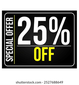 25% discount tag. Black, white and yellow rectangular shape, perfect for retail sales, commerce and 
marketing promotions