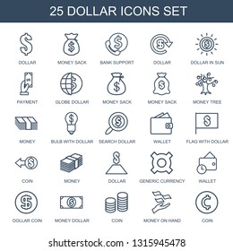 25 dollar icons. Trendy dollar icons white background. Included outline icons such as money sack, bank support, dollar in sun, Payment, globe dollar. icon for web and mobile.