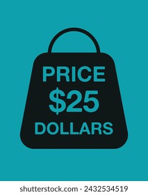 25 Dollars price. Discount bag vector, retail sales and business concept