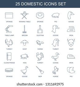 25 domestic icons. Trendy domestic icons white background. Included line icons such as sponge, ironing table, pig, goose, table lamp, broom. domestic icon for web and mobile.
