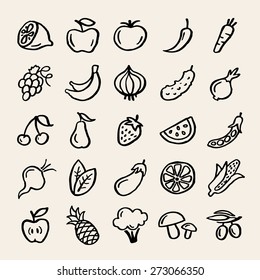 25 doodle food icons. Fruits and vegetables collection