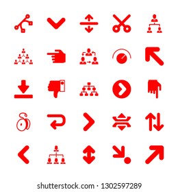 25 down icons with hand with forefinger pointing to left and design button of curved and straight lines in this set