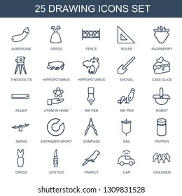 25 drawing icons. Trendy drawing icons white background. Included outline icons such as aubergine, dress, fence, ruler, raspberry, theodolite. drawing icon for web and mobile.