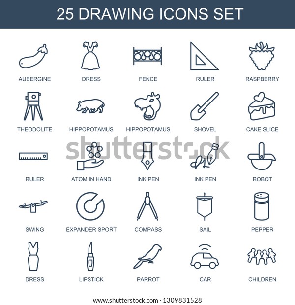 25 drawing\
icons. Trendy drawing icons white background. Included outline\
icons such as aubergine, dress, fence, ruler, raspberry,\
theodolite. drawing icon for web and\
mobile.