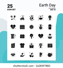 25 Earth Day Icon Set. 100% Editable EPS 10 Files. Business Logo Concept Ideas Solid Glyph icon design