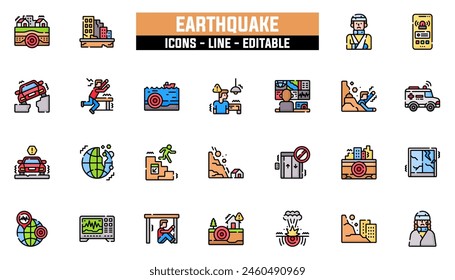 25 earthquake icons set, vector line, editable stroke.