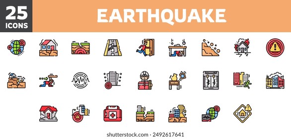 25 earthquake icons set, vector line, editable stroke.