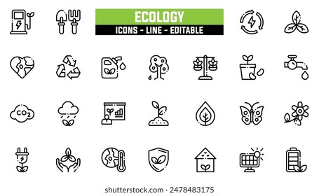 25 ecology icons set, vector line, editable stroke.