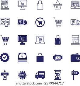 25 e-commerce icons used in UI UX design, websites, apps, presentations, and social media.