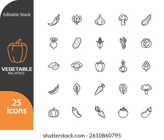 25 Editable Line Art Vegetable Icons for Design Projects
