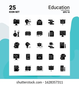 25 Education Icon Set. 100% Editable EPS 10 Files. Business Logo Concept Ideas Solid Glyph icon design