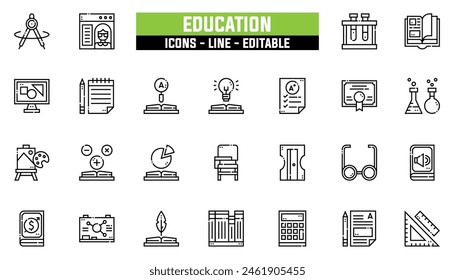 25 education icons set, vector line, editable stroke.