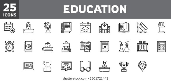 25 education icons set, vector line, editable stroke.