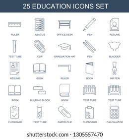 25 education icons. Trendy education icons white background. Included line icons such as ruler, abacus, office desk, pen, resume, test tube. education icon for web and mobile.