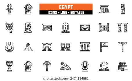 25 egypt icons set, vector line, editable stroke.