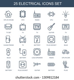 25 electrical icons. Trendy electrical icons white background. Included outline icons such as CPU in house, CPU, radio, bulb, TV set, TV, guitar. electrical icon for web and mobile.