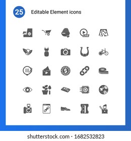 25 element filled icons set isolated on . Icons set with sniper, Wheelbarrow, caviar, vegetarian, dress, Photo services, embroidery, Video marketing, casino Chip, vision icons.