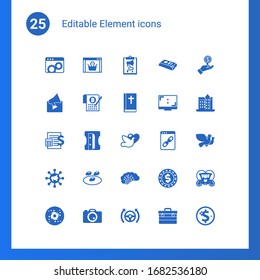 25 element filled icons set isolated on . Icons set with Website optimization, ecommerce solutions, social media strategy, Video marketing, Smart Contract, Bible, Accounting icons.