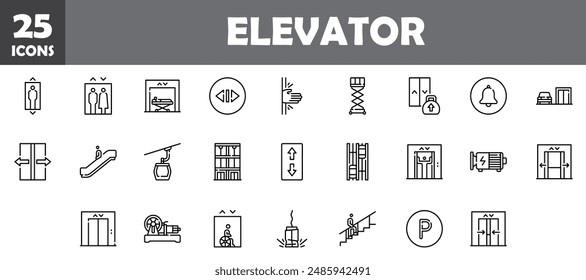 25 elevator icons set, vector line, editable stroke.