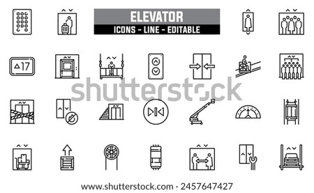 25 elevator icons set, vector line, editable stroke.