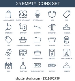 25 empty icons. Trendy empty icons white background. Included outline icons such as shopping bag, photo with heart, office chair, box, tag, stomach. empty icon for web and mobile.